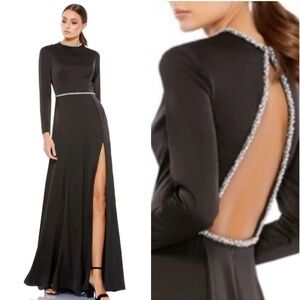 Mac Duggal by Ieena Crystal Trim Long Sleeve High Slit A-Line Gown